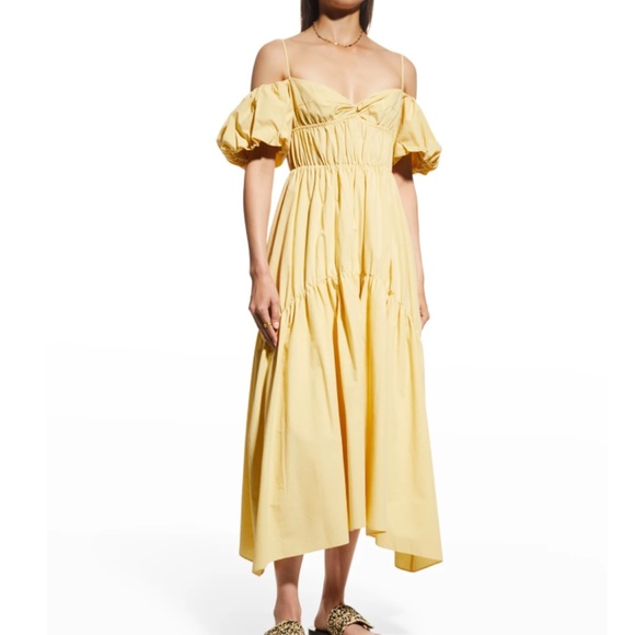 NWT $445 Vince Draped Cold-Shoulder Tiered Yellow Midi Dress in sizes 4, 10 + 12 - Picture 2 of 8